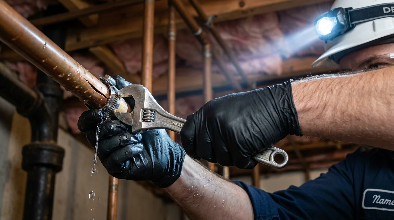 Emergency pipe clamp repair being performed by a Johns Plumbing LLC plumber in Flora