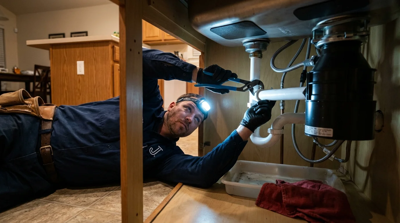 P-trap and supply line connections under a kitchen sink showing a common leak point in Flora, IL